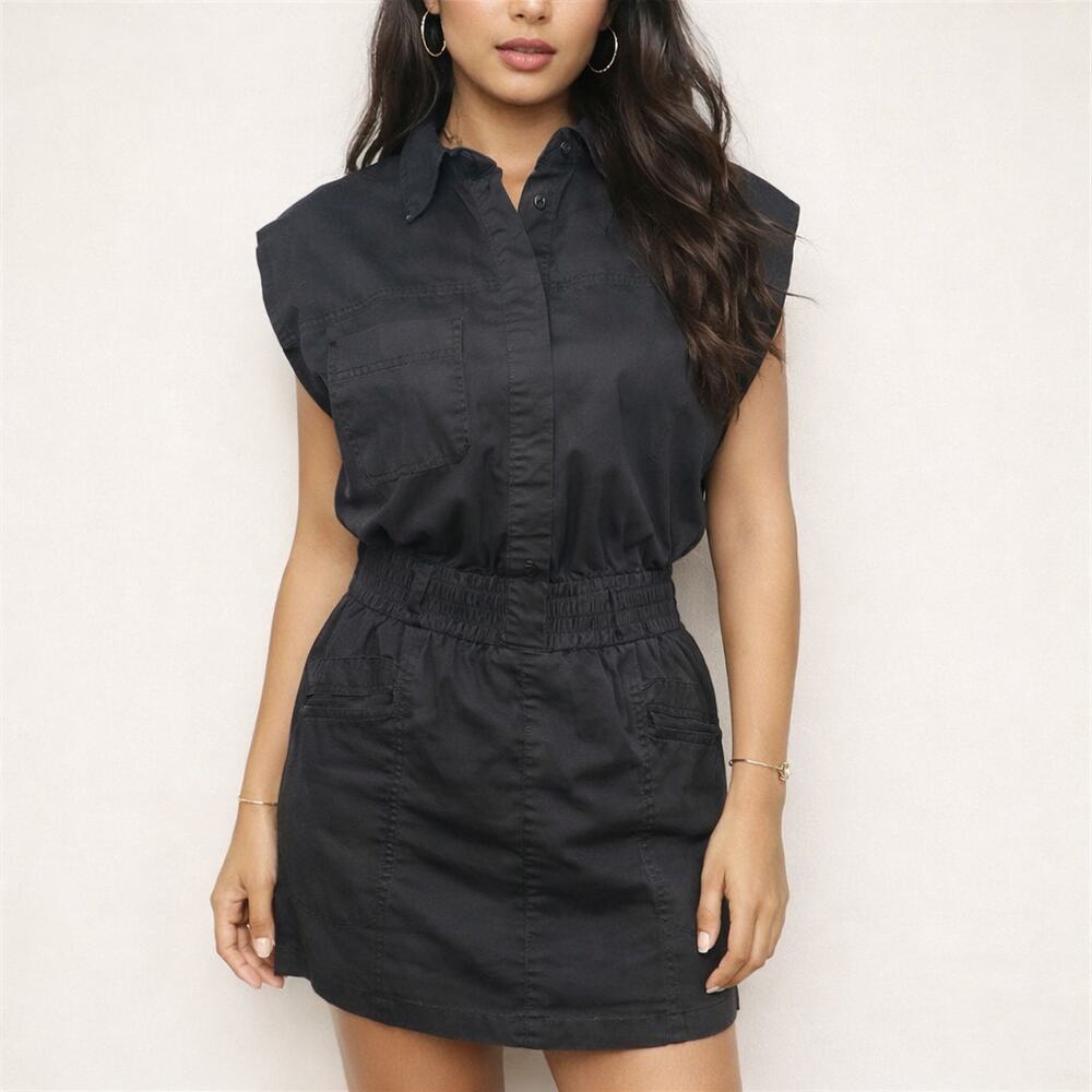 pistola Black Collared Sleeveless Midi Dress with Elastic Waist